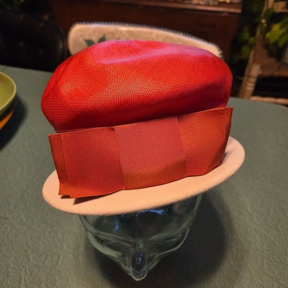 Vintage 1950s Pillbox Hat Ellen Faith Paris-New York Red Avant Garde Straw Small